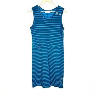 Norm Thompson blue striped casual knit midi dress size medium petite MP B155